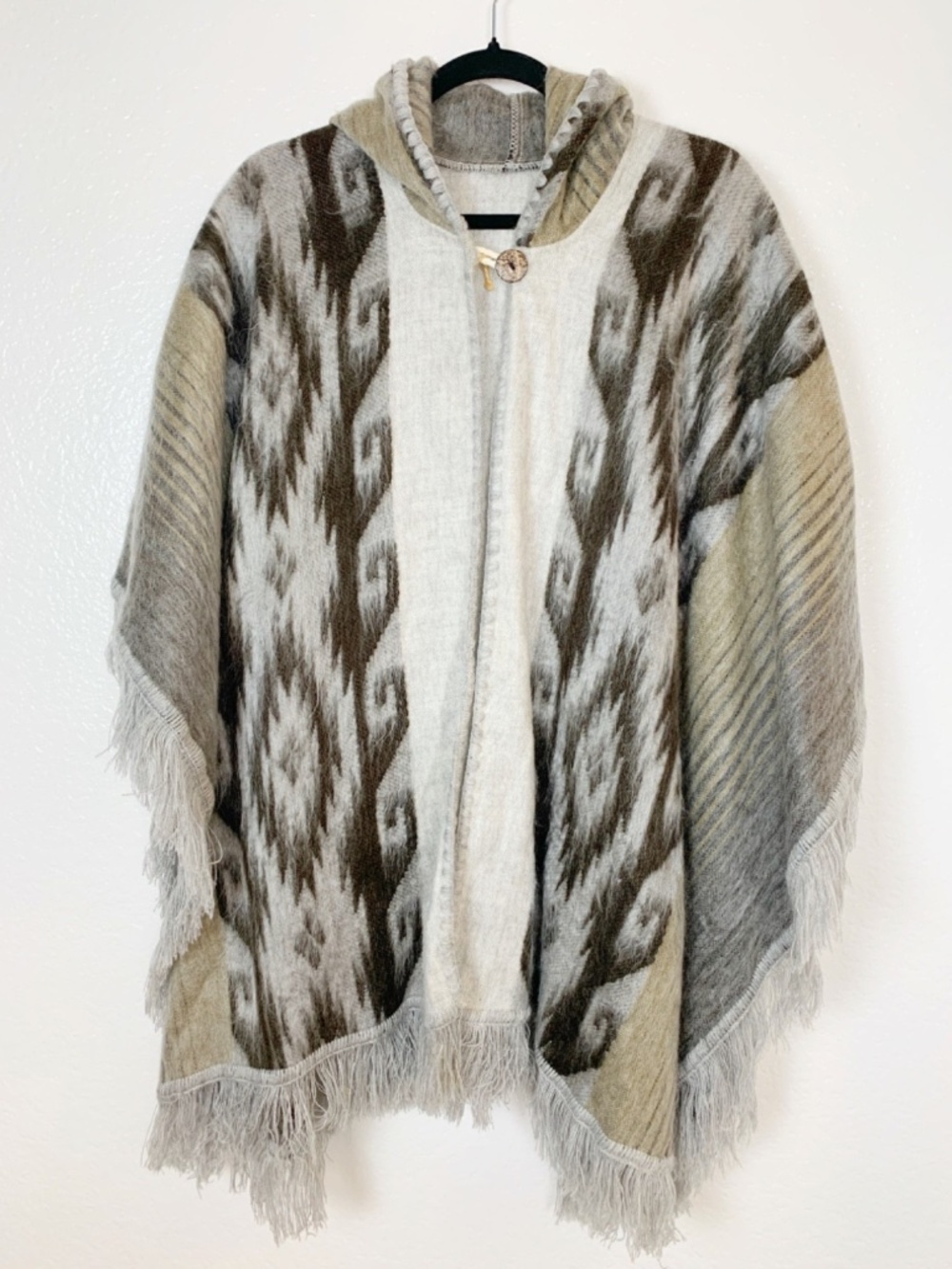 Alpaca Wool Blend Poncho with Hood Brown Gray Cream One Size Western Boho Unisex